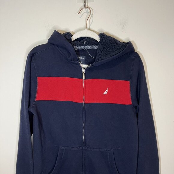 Nautica Boys Full Zip Up Sherpa Lined Hoodie Sweatshirt Navy Red XL 18/20 - Picture 4 of 8